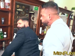 Sloppy blowjob and cock riding by suited Dani Robles and barber Leo La Rosa