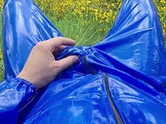 Jerk off and pee in a blue PVC suit