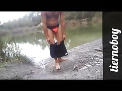 Crazy spanish boy!! 3 pees with dildo, streap, cum in public