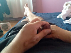 Stud plays with his fat cock after work