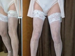 Guy dressed in womans undergarments and spooges a flow on it.