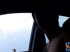 Young straight thuggish dude stroking dick publicly in car
