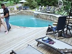 Security guard having fun with trespasser by the pool