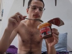 Stroking huge cock, cum on food, huge cumshot