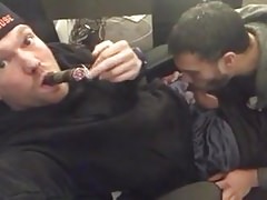 He smokes a cigar and get his cock blown