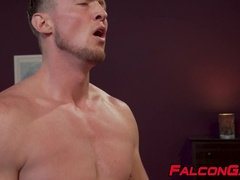 Massive jock swallows hard cock before being barebacked