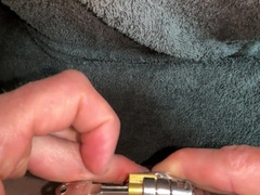 POINT OF VIEW putting ample beef whistle in plane virginity cage with urethral cork Pt.1