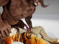 Minotaur stretches tiger's tight hole in wild gay anal action
