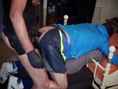 Britt twink in adidas nylon cut-offs receives a stiff faux-cock bang!