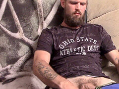 Bearded jock Nolan jacks off straight massive shaft solo