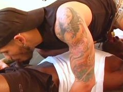 Inked Latino pounds muscular ebony stud's ass in intense anal encounter