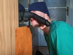 Massive 8-inch dildo goes all the way down the throat and cums