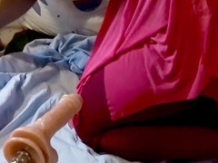 Chubby dark-skinned crossdresser Devin Vine gets ass blasted by a dildo machine