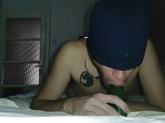 Deep sucking a huge cucumber