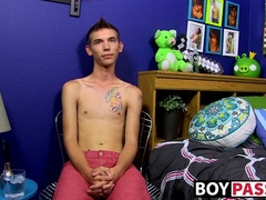 Skinny gay Bentley Ryan interviewed and jerking off to cum