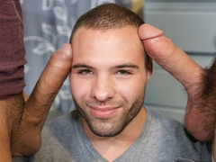 Short lad with a cute face goes down for three lads