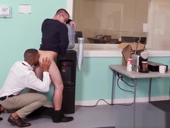 Ripped ebony stud riding boss cock during office threesome