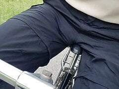 Piss in long trousers while little bicycle trip