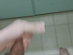 Hung guy jerking his big curved dick with huge cumshot
