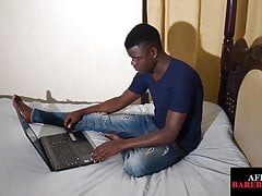 Nubian twunk gets nude and solo masturbates indoors