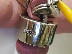 Humiliating cum with chastity and stretched balls