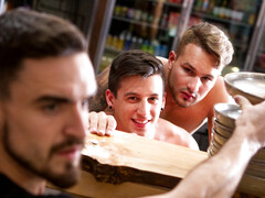 Naked boys at the pizzeria fuck with customers in the local