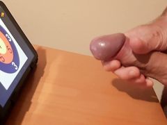 Handjob, jerking off cumshot on a target with double angle. Amateur homemade jerks off, big cock, lot of cum.