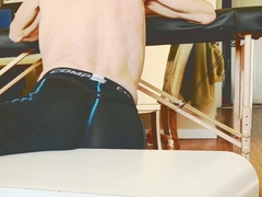 Stop Act Spreading on Table in Compression Stocking and Crotch Brace