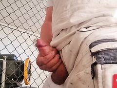 Worker jerks off with pierced cock in engine room