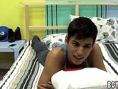 lovely lad is playing with his sausage during an interview