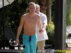 Inked hunk receives blowjob before bareback threesome