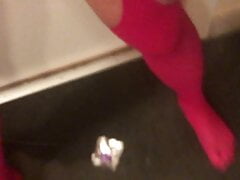 Sissy Crossdresser having fun with a dildo on a door