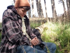 Boy stops jacking off to piss in the woods
