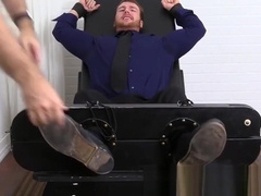 Cute hunk Frey gets his body and feet tickled hard by friend