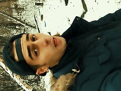 Young uncut big dick cumshot in the snow POV