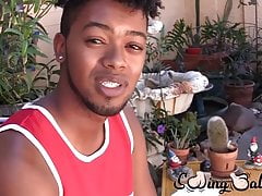 Young ebony guy shows off his balls and jerks off solo