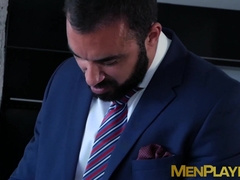 Classy stud blindfolded before throat fuck and drilling 3way