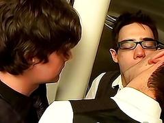 Threesome anal and blowjob session with office twinks