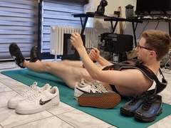 I pulverized my footwear on the floor and splooged with my cream