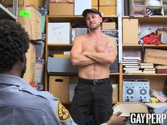 Inked hunk riding officers heavy ebony meat