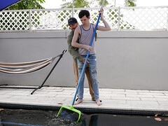 Pool guy fucks pair of gay twinks in retsless threesome
