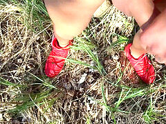 Outdoor red sneakers then barefooted stroking , fake penis inside ass and cumshot
