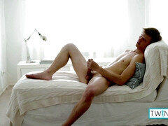 Pale Timothee strokes his hard cock and cums on himself!