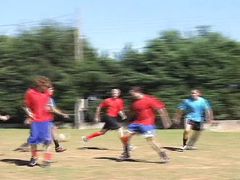 Three soccer players have a hot sex orgy after the game and fuck and blow each other