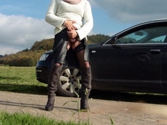 Old Smoking Crossdresser Jacks Off Outdoors