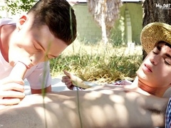 Craig Kennedy gives a mitt and deep-throats Sam's pecker in the farm