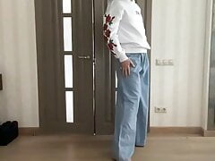 Palazzo wide leg flared blue jeans and white hoodie with roses print on tranny crossdresser femboy