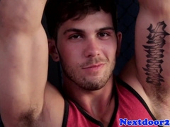 Hard ripped lad bashing off his throbbing jizz-shotgun