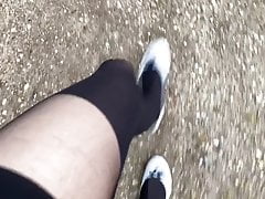 Crossdresser in the woods shooting a nice load in ballerinas