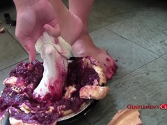 Boy in sheer sox drills and pops on raspberry pie solo